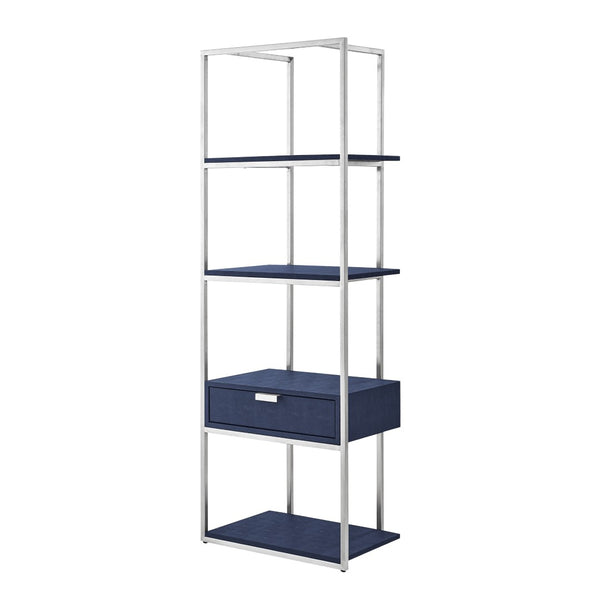 HomeRoots 68" Gray Stainless Steel Four-Tier Etagere Bookcase with Drawer for Stylish Storage & Display Navy/Chrome 544739