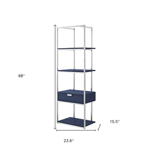 HomeRoots 68" Gray Stainless Steel Four-Tier Etagere Bookcase with Drawer for Stylish Storage & Display Navy/Chrome 544739