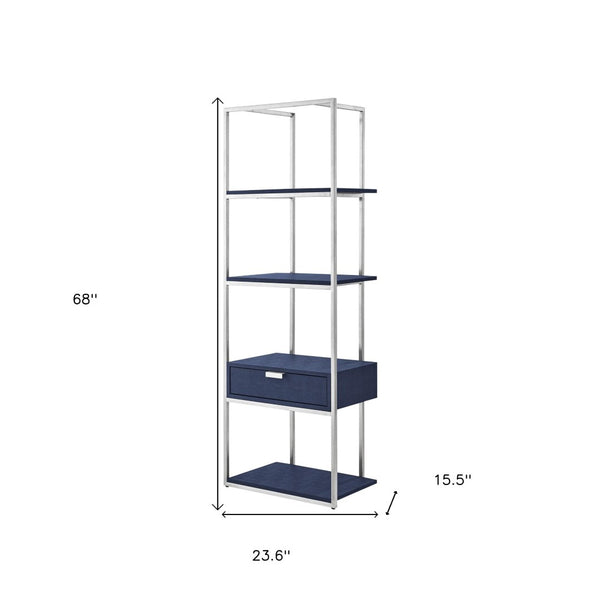HomeRoots 68" Gray Stainless Steel Four-Tier Etagere Bookcase with Drawer for Stylish Storage & Display Navy/Chrome 544739