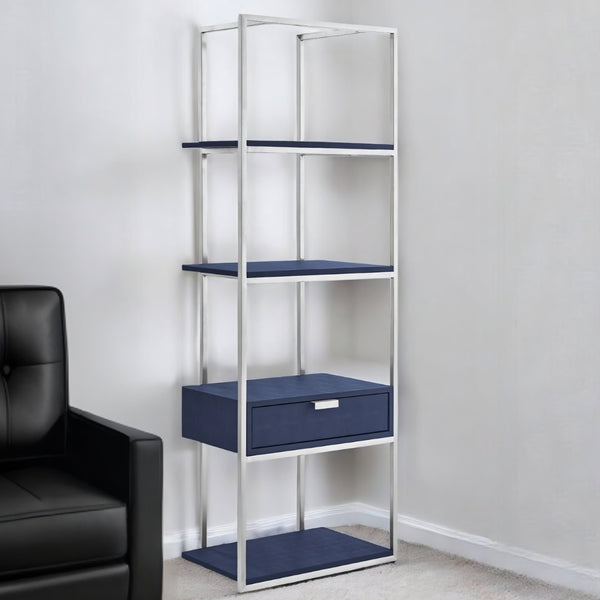 HomeRoots 68" Gray Stainless Steel Four-Tier Etagere Bookcase with Drawer for Stylish Storage & Display Navy/Chrome 544739