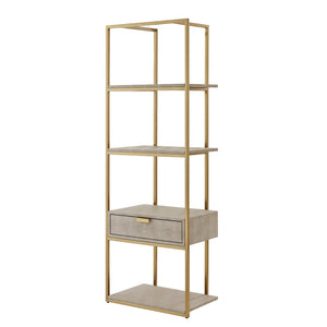 HomeRoots 68" Gray Stainless Steel Four-Tier Etagere Bookcase with Drawer for Stylish Storage & Display Cream White/Gold 544740