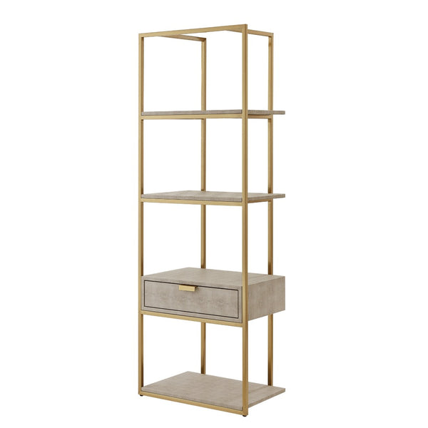 HomeRoots 68" Gray Stainless Steel Four-Tier Etagere Bookcase with Drawer for Stylish Storage & Display Cream White/Gold 544740