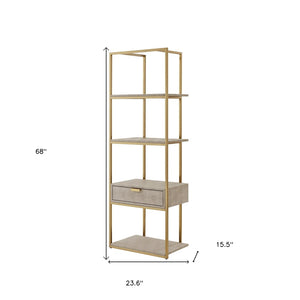 HomeRoots 68" Gray Stainless Steel Four-Tier Etagere Bookcase with Drawer for Stylish Storage & Display Cream White/Gold 544740