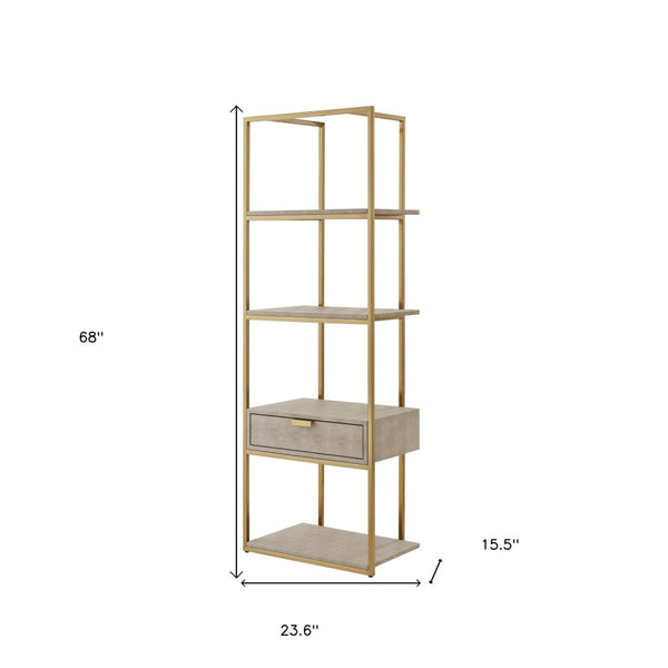 HomeRoots 68" Gray Stainless Steel Four-Tier Etagere Bookcase with Drawer for Stylish Storage & Display Cream White/Gold 544740