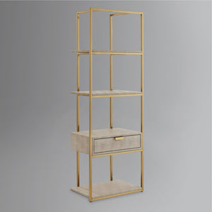 HomeRoots 68" Gray Stainless Steel Four-Tier Etagere Bookcase with Drawer for Stylish Storage & Display Cream White/Gold 544740
