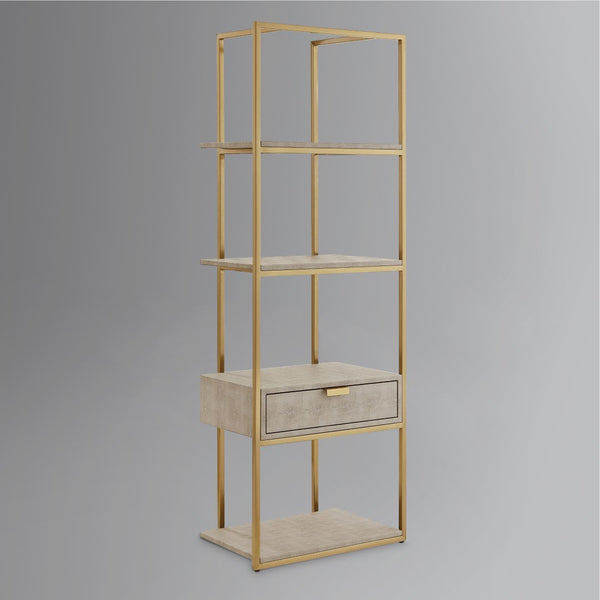 HomeRoots 68" Gray Stainless Steel Four-Tier Etagere Bookcase with Drawer for Stylish Storage & Display Cream White/Gold 544740