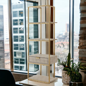 HomeRoots 68" Gray Stainless Steel Four-Tier Etagere Bookcase with Drawer for Stylish Storage & Display Cream White/Gold 544740