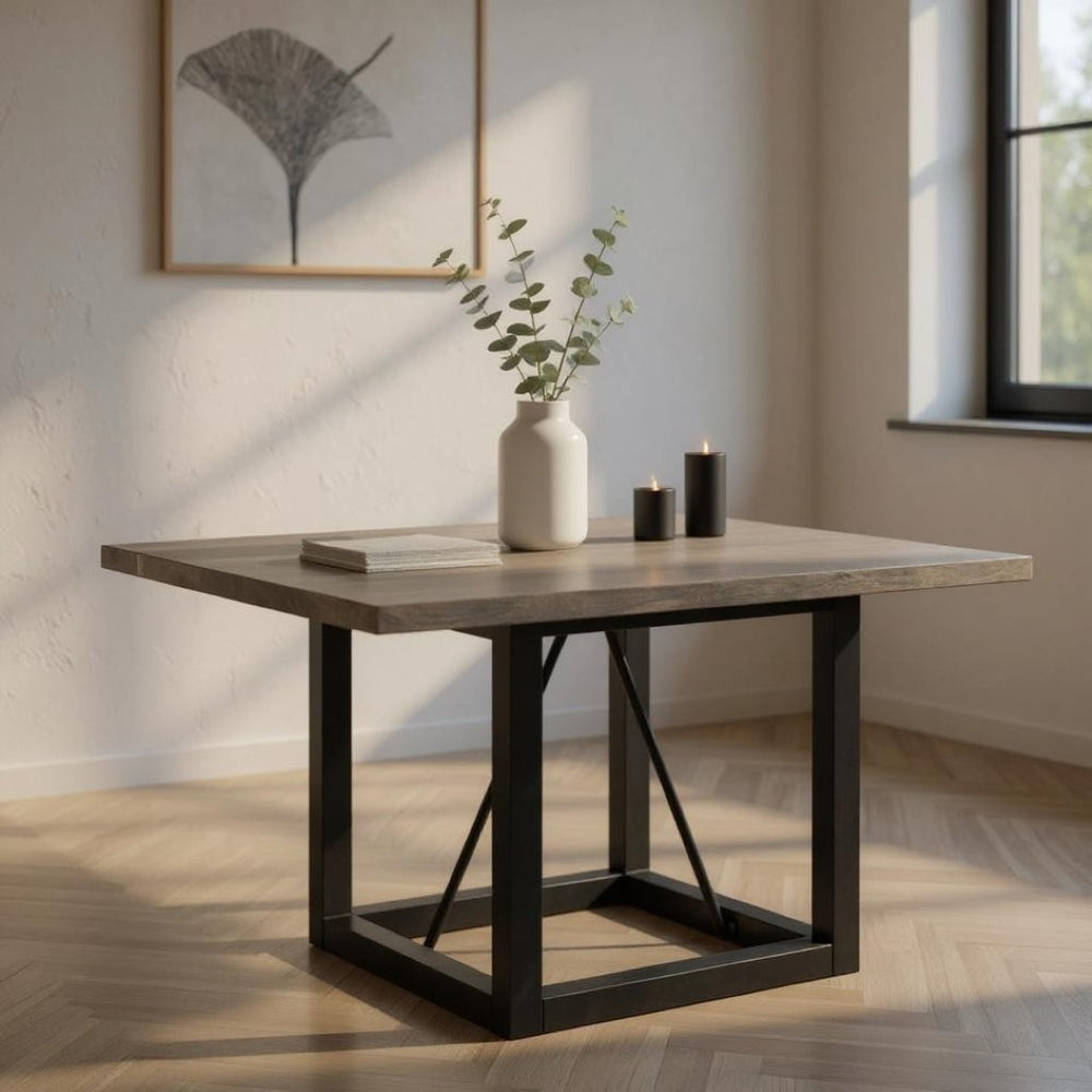 HomeRoots 72" Rustic Solid Wood and Iron Frame Square Dining Table - Stylish, Spacious, and Versatile Design 544741