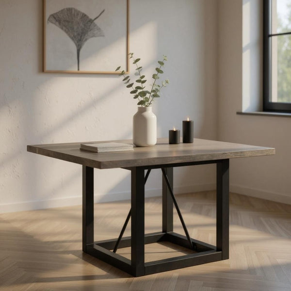 HomeRoots 72" Rustic Solid Wood and Iron Frame Square Dining Table - Stylish, Spacious, and Versatile Design 544741