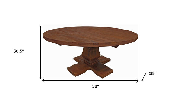 HomeRoots 58" Solid Wood Round Dining Table with Carved Pedestal Base - Rustic Charm & Versatile Use 544742