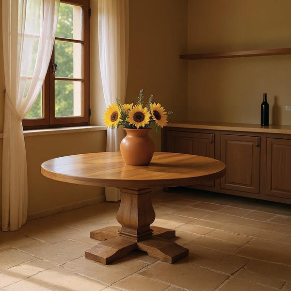HomeRoots 58" Solid Wood Round Dining Table with Carved Pedestal Base - Rustic Charm & Versatile Use 544742