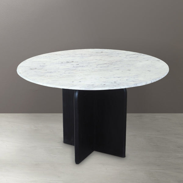 HomeRoots 48" Modern Round Dining Table with White Marble Top & Black Solid Wood Base for Stylish Dining 544745