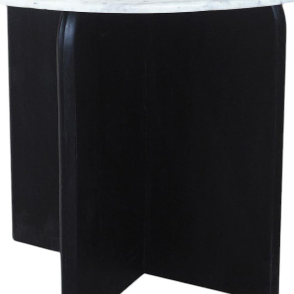 HomeRoots 48" Modern Round Dining Table with White Marble Top & Black Solid Wood Base for Stylish Dining 544745
