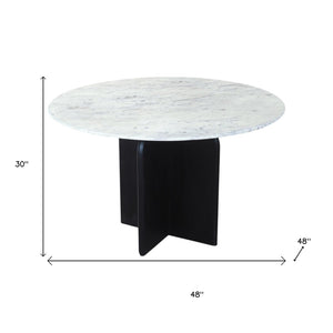 HomeRoots 48" Modern Round Dining Table with White Marble Top & Black Solid Wood Base for Stylish Dining 544745