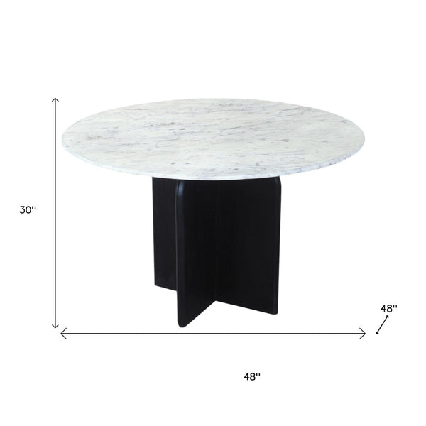 HomeRoots 48" Modern Round Dining Table with White Marble Top & Black Solid Wood Base for Stylish Dining 544745