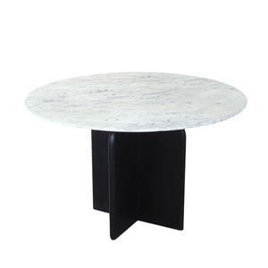 HomeRoots 48" Modern Round Dining Table with White Marble Top & Black Solid Wood Base for Stylish Dining 544745