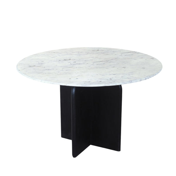 HomeRoots 48" Modern Round Dining Table with White Marble Top & Black Solid Wood Base for Stylish Dining 544745
