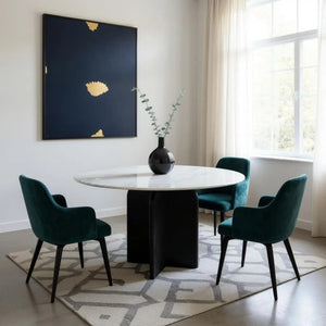 HomeRoots 48" Modern Round Dining Table with White Marble Top & Black Solid Wood Base for Stylish Dining 544745