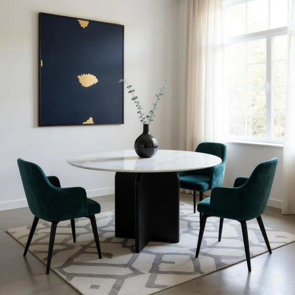HomeRoots 48" Modern Round Dining Table with White Marble Top & Black Solid Wood Base for Stylish Dining 544745