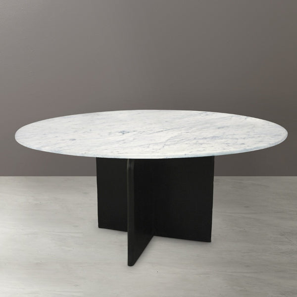 HomeRoots 60" Elegant Round Dining Table with White Marble Top & Black Solid Wood Pedestal Base for 6 Guests 544746