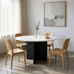 HomeRoots 60" Elegant Round Dining Table with White Marble Top & Black Solid Wood Pedestal Base for 6 Guests 544746