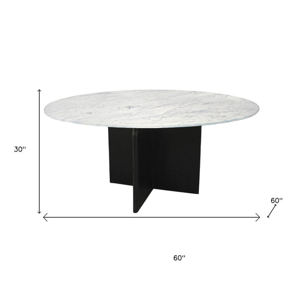 HomeRoots 60" Elegant Round Dining Table with White Marble Top & Black Solid Wood Pedestal Base for 6 Guests 544746