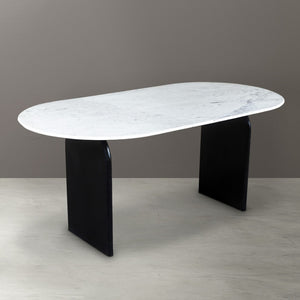 HomeRoots 72" Oval Dining Table with White Marble Top & Black Solid Wood Sled Base - Elegant & Durable Design 544747
