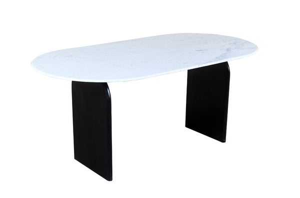 HomeRoots 72" Oval Dining Table with White Marble Top & Black Solid Wood Sled Base - Elegant & Durable Design 544747