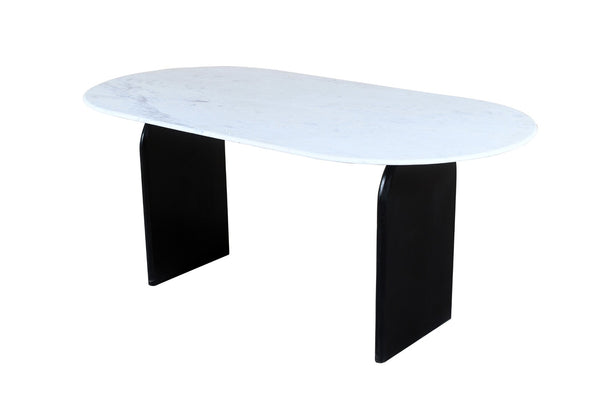 HomeRoots 72" Oval Dining Table with White Marble Top & Black Solid Wood Sled Base - Elegant & Durable Design 544747