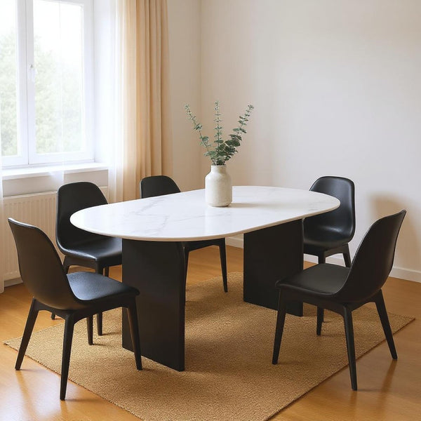 HomeRoots 72" Oval Dining Table with White Marble Top & Black Solid Wood Sled Base - Elegant & Durable Design 544747