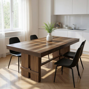 HomeRoots 84" Dark Brown Wood Trestle Base Dining Table with Self-Storing Leaf for Rustic Elegance & Functionality 544748