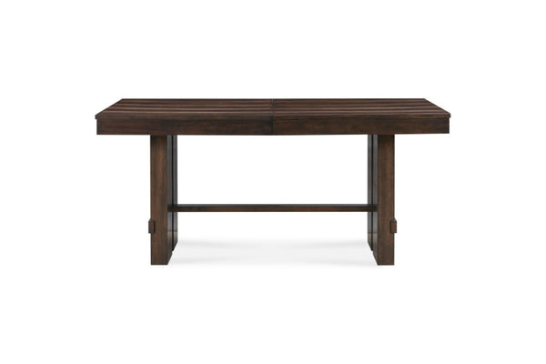 HomeRoots 84" Dark Brown Wood Trestle Base Dining Table with Self-Storing Leaf for Rustic Elegance & Functionality 544748