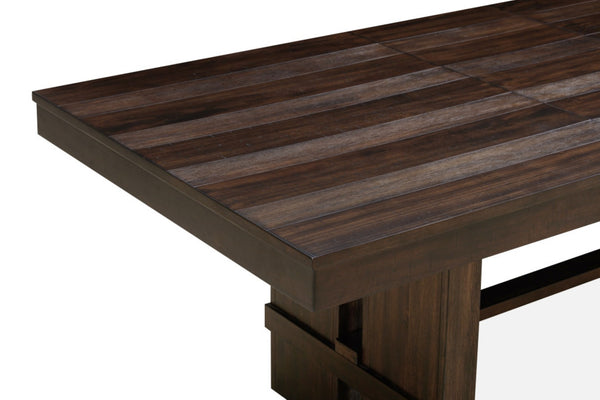 HomeRoots 84" Dark Brown Wood Trestle Base Dining Table with Self-Storing Leaf for Rustic Elegance & Functionality 544748