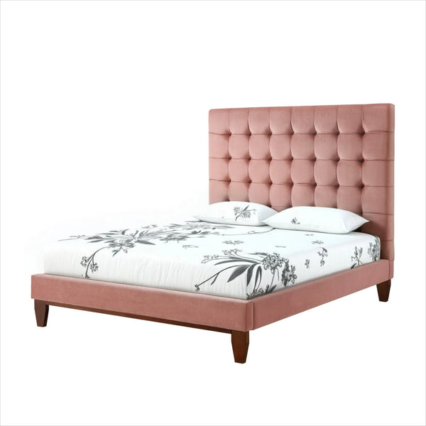 HomeRoots Blush Queen Upholstered Bed with Button-Tufted Headboard and Solid Wood Frame for Stylish Comfort Blush, Velvet 544751