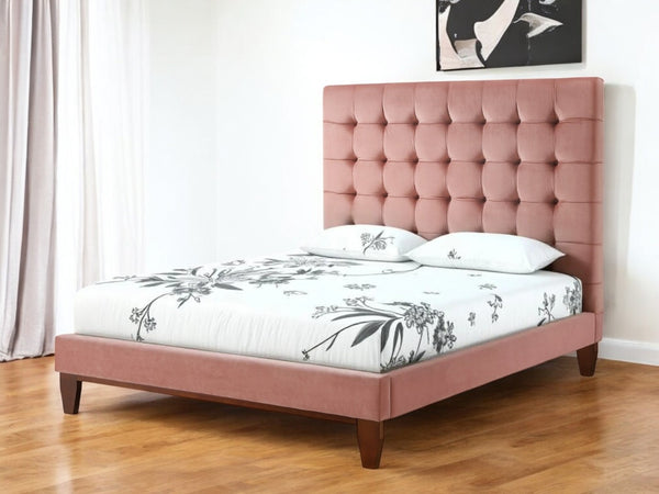 HomeRoots Blush Queen Upholstered Bed with Button-Tufted Headboard and Solid Wood Frame for Stylish Comfort Blush, Velvet 544751