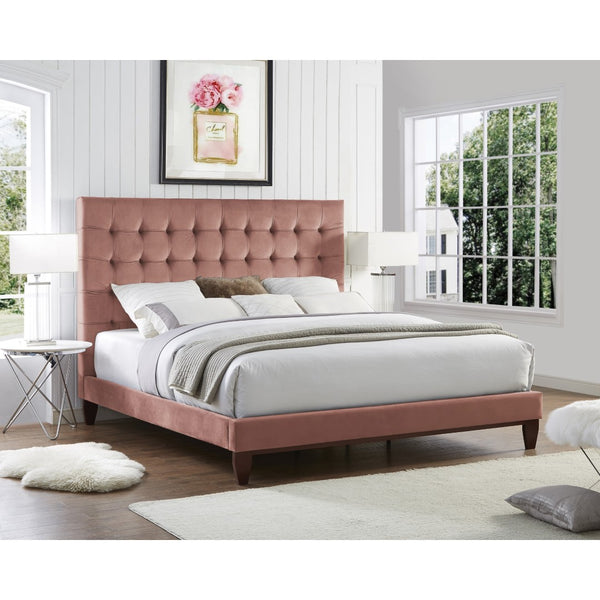 HomeRoots Blush Queen Upholstered Bed with Button-Tufted Headboard and Solid Wood Frame for Stylish Comfort Blush, Velvet 544751