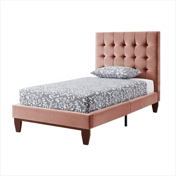 HomeRoots Blush Queen Upholstered Bed with Button-Tufted Headboard and Solid Wood Frame for Stylish Comfort Blush, Velvet 544752