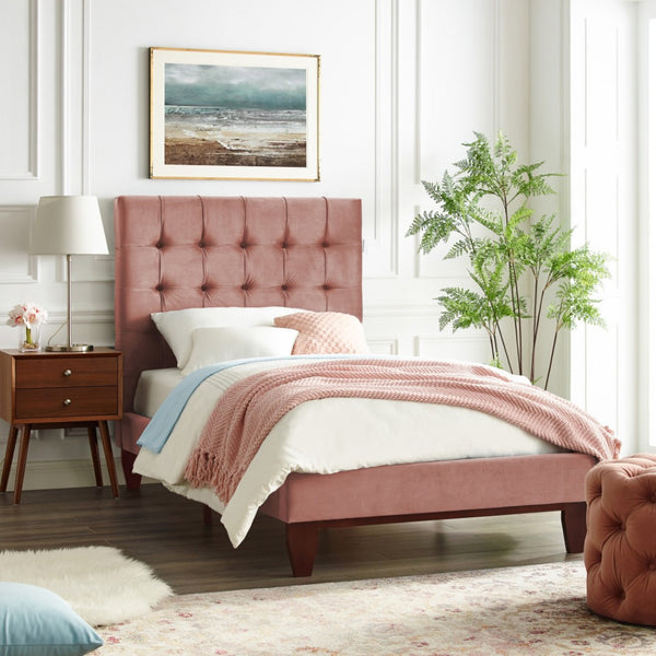 HomeRoots Blush Queen Upholstered Bed with Button-Tufted Headboard and Solid Wood Frame for Stylish Comfort Blush, Velvet 544752