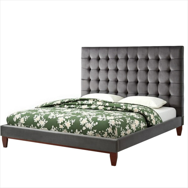 HomeRoots Blush Queen Upholstered Bed with Button-Tufted Headboard and Solid Wood Frame for Stylish Comfort Grey, Velvet 544753