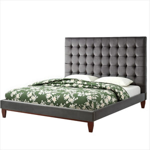 HomeRoots Blush Queen Upholstered Bed with Button-Tufted Headboard and Solid Wood Frame for Stylish Comfort Grey, Velvet 544754