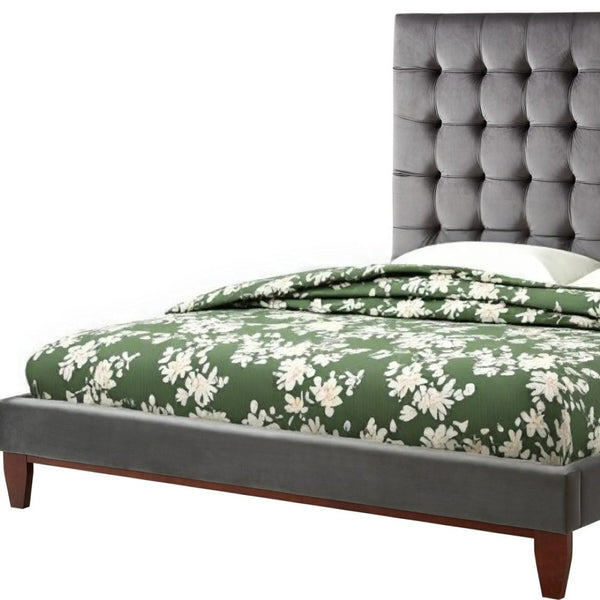 HomeRoots Blush Queen Upholstered Bed with Button-Tufted Headboard and Solid Wood Frame for Stylish Comfort Grey, Velvet 544754