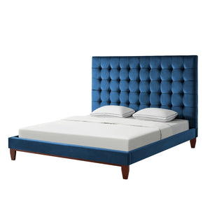 HomeRoots Blush Queen Upholstered Bed with Button-Tufted Headboard and Solid Wood Frame for Stylish Comfort Navy, Velvet 544757