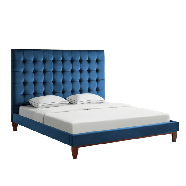 HomeRoots Blush Queen Upholstered Bed with Button-Tufted Headboard and Solid Wood Frame for Stylish Comfort Navy, Velvet 544757