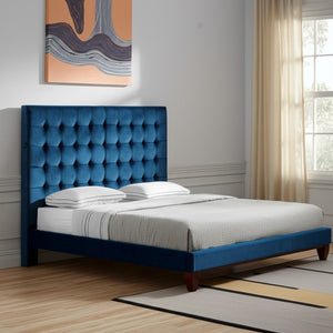 HomeRoots Blush Queen Upholstered Bed with Button-Tufted Headboard and Solid Wood Frame for Stylish Comfort Navy, Velvet 544757