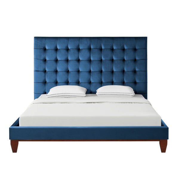 HomeRoots Blush Queen Upholstered Bed with Button-Tufted Headboard and Solid Wood Frame for Stylish Comfort Navy, Velvet 544757