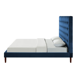 HomeRoots Blush Queen Upholstered Bed with Button-Tufted Headboard and Solid Wood Frame for Stylish Comfort Navy, Velvet 544757