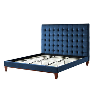 HomeRoots Blush Queen Upholstered Bed with Button-Tufted Headboard and Solid Wood Frame for Stylish Comfort Navy, Velvet 544757