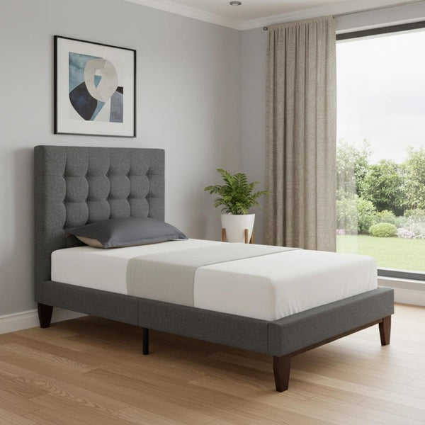 HomeRoots Light Gray Tufted Linen Twin Bed Frame - Stylish Upholstered Design for Modern Comfort & Elegance 544764