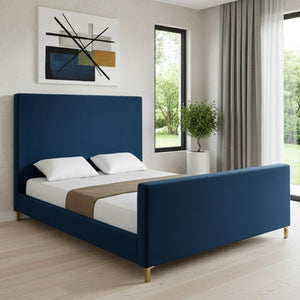 HomeRoots Navy Blue Velvet King Bed Frame – Luxurious Upholstered Design, Durable Eucalyptus Wood & Cozy Comfort 544769