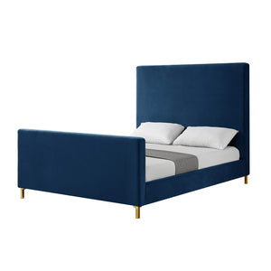 HomeRoots Gray Solid Wood Queen Bed with Elegant Upholstered Design for Luxury Comfort and Support Navy, Velvet 544770